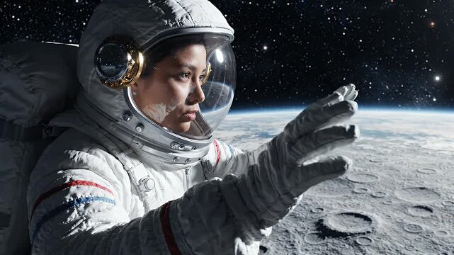 Woman Astronaut Reaches for Moon in Outer Space - A young woman in a detailed spacesuit is depicted reaching out her gloved hand toward the moon in the vastness of outer space.