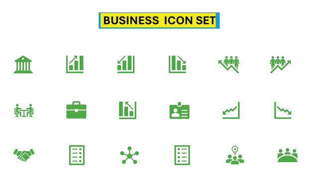 Business and Corporate Icon Set &ndash; Bank, Chart, Briefcase, Handshake, Team, Growth and Finance Symbols in Flat Green Style