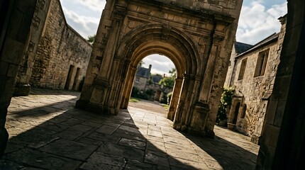 Naklejka premium Ancient stone archway with shadows in a medieval courtyard