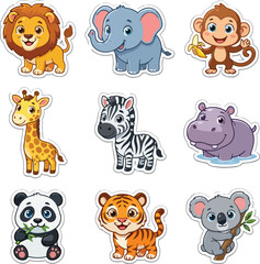 Fototapeta premium Cute Safari Animal Sticker Vector Set, Kawaii Cartoon Jungle Wildlife