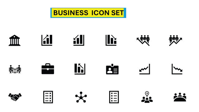 Business and Corporate Icon Set &ndash; Office, Meeting, Handshake, Chart, Bank and Team Symbols in Flat Black Style