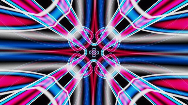 Abstract psychedelic kaleidoscope pattern with vibrant blue, pink, and white symmetrical designs radiating from the center