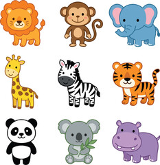 Obraz premium Cute Cartoon Jungle and Zoo Animals Flat Vector Character Collection