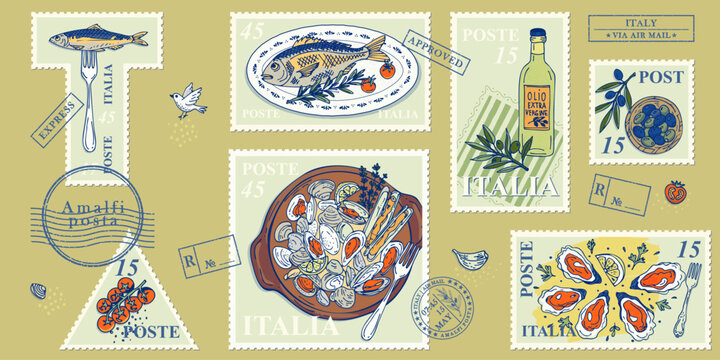 Italian seafood postage stamp collection with fish shellfish olive oil and oysters