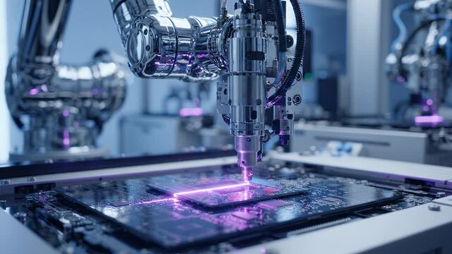 Robotic Arm Assembling Semiconductor Chip with Purple Light - A robotic arm precisely assembles a semiconductor chip on a circuit board, illuminated by glowing purple lines in a clean manufacturing