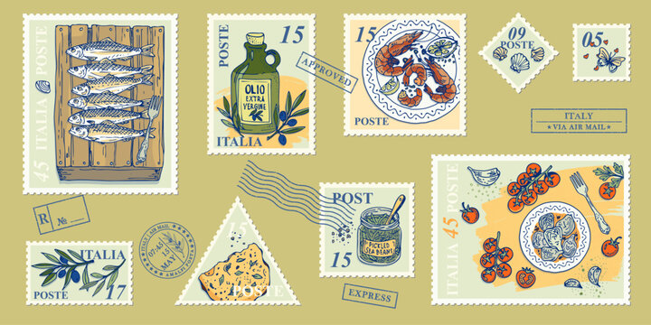 Italian seafood postage stamp collection with shrimp fish olive oil and tomatoes