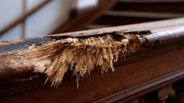 Close-up view of a damaged wooden banister, showing splintered material and wear