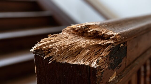 Close-up of damaged wooden handrail with splintered wood showing