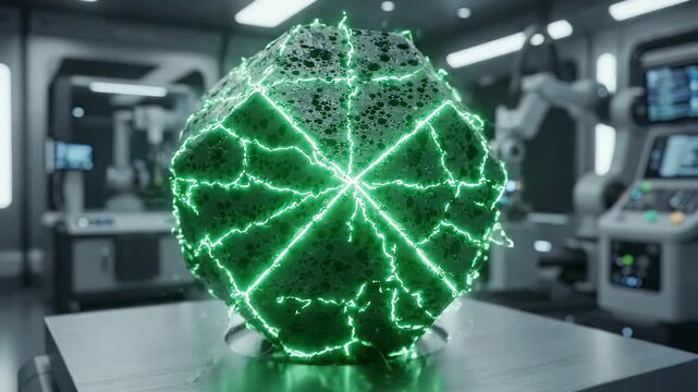 Dodecahedron Structure with Viridian Energy Lines in Industrial Lab - A close-up view of a dark, porous dodecahedron structure with bright viridian energy lines illuminating its facets.