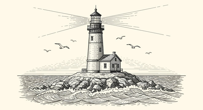 Vintage Lighthouse Illustration on Rocky Island with Seagulls and Sea Waves