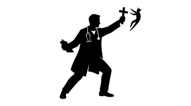 Doctor Silhouette Repelling A Demon With A Cross White Background