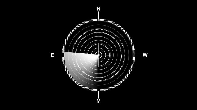 Monochrome radar compass overlay animation a white interface on a black background, showing a sweeping scan movement for technical visualization navigation white black screen interface