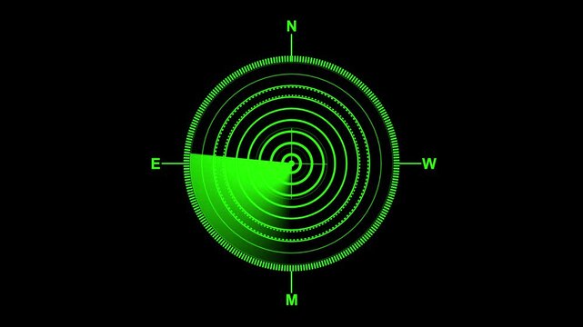 Green digital radar compass interface animation a luminous digital sweeping continuously against a deep black background navigation luminous screen scanning technology