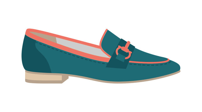 Teal loafer with gold tone buckle flat vector illustration on white background