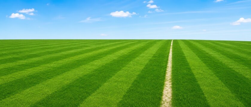 Endless striped green grass field under a bright blue sky with a narrow path to the horizon, creating a minimal landscape background for lawn care, agriculture and outdoor design projects
