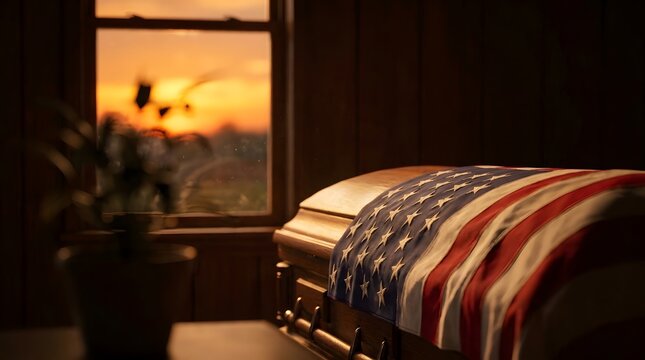 Closed casket draped with american flag viewed through a window at sunset