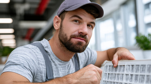 Man inspecting air filter inside commercial building