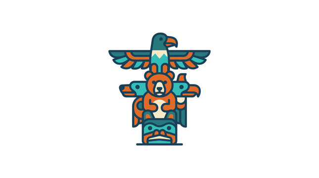 Stylized Totem Pole with Eagle, Bear, and Wolf Icons on White Background