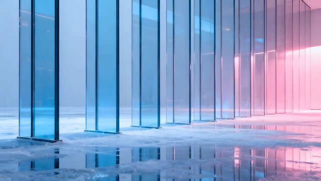 Modern glass columns in reflective space