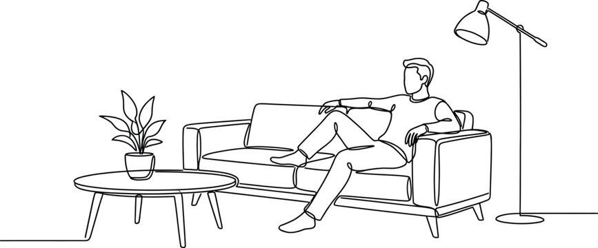 Man relaxing on sofa in living room continuous one line vector art