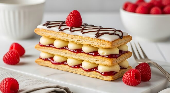 Stacked mille-feuille pastry with cream and raspberry jam on white plate with fresh berries
