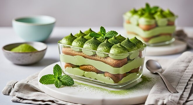 Layered matcha tiramisu dessert in glass dish with fresh mint garnish on linen table