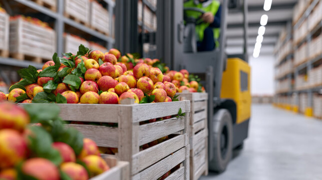 Crates of apples loaded by forklift in cold storage warehouse