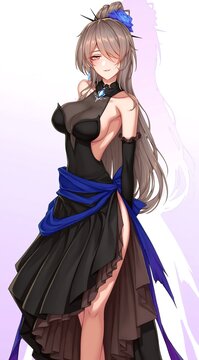 Elegant Anime Woman Wearing Black And Blue Highlights Evening Dress Illustration