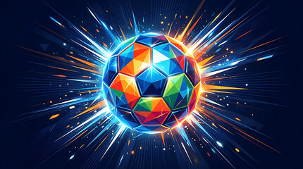 Fototapeta premium Abstract colorful geometric soccer ball with dynamic light burst effect