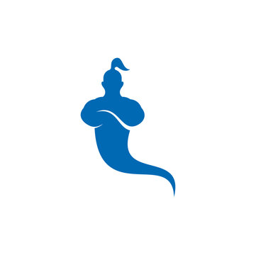 Strong blue genie mascot logo design with crossed arms for creative brand identity