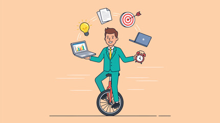 Multitasking businessman riding unicycle while juggling work elements like laptop, lightbulb, files, target, and alarm clock flat vector illustration © MS Studio1
