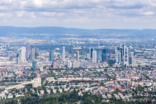 Frankfurt skyline from above aerial view skyscrapers with banks in Frankfurt, Germany
