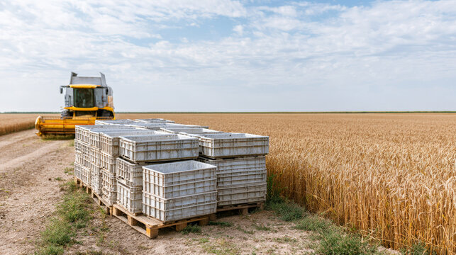 Plastic crates stacked near combine harvester in wheat field during harvest