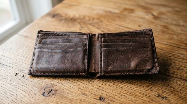 Empty Brown Leather Wallet Open on a Rustic Wooden Table