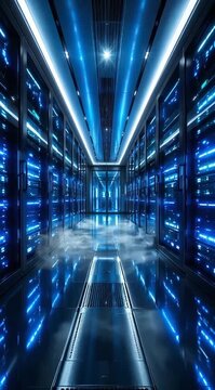 Cinematic forward movement through a futuristic AI data center corridor illuminated by glowing server racks, reflective surfaces, and atmospheric blue lighting. 