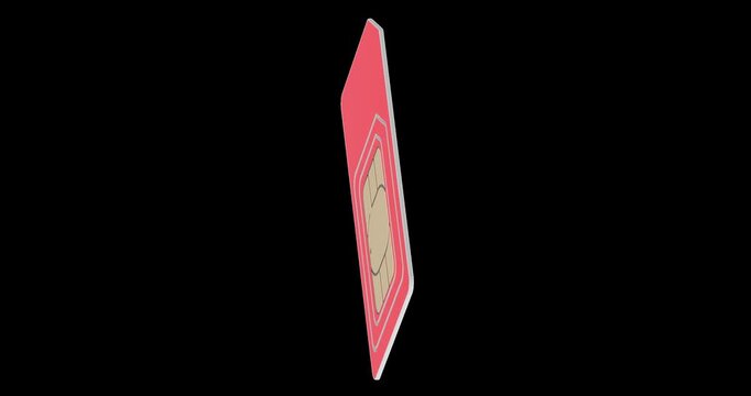 Red SIM card rotation animation seamlessly loopable. 3D rendering isolated on transparent background