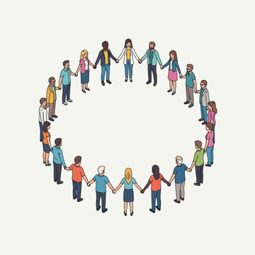 Diverse group of people holding hands in a circle.