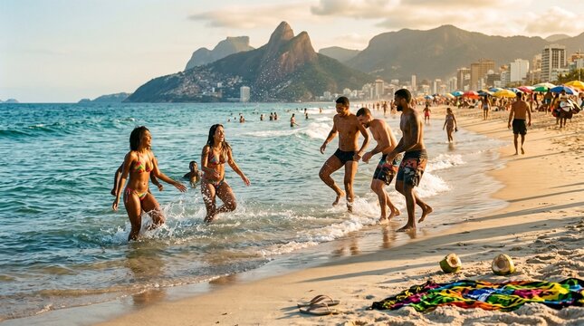 Diverse young friends having fun splashing in shallow ocean water at beach