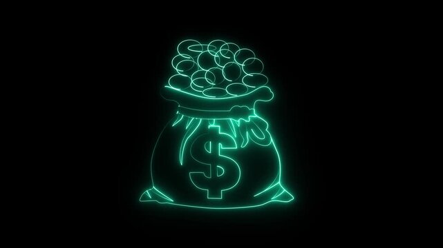 Neon Glowing Money Bag and Coins with doller Icon &ndash; Digital Currency or Finance Concept.4k video