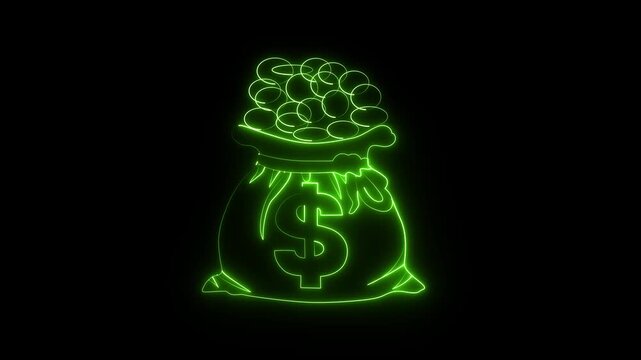 Neon Glowing Money Bag and Coins with doller Icon &ndash; Digital Currency or Finance Concept.4k video