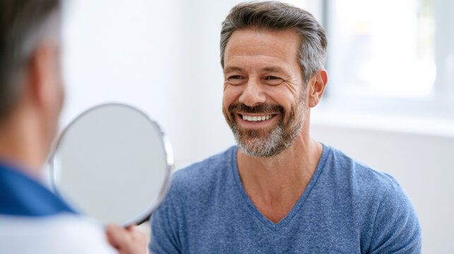 Middle aged man smiling while checking teeth in mirror
