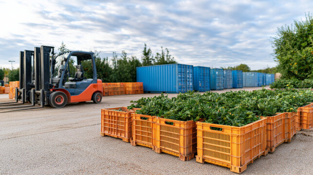 Crates of leafy greens stacked near forklift in loading yard
