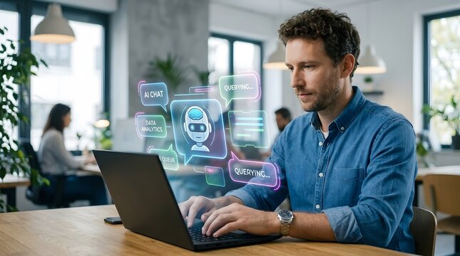Businessman working on laptop with AI chatbot interface, office background, technology concept