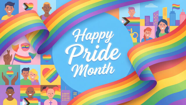 Creative LGBTQ+ Pride Poster
A professional Pride Month banner with bold rainbow flag waves, clean white script typography reading &ldquo;Happy Pride Month,&rdquo; modern vector design, subtle 3D shadow effects, 