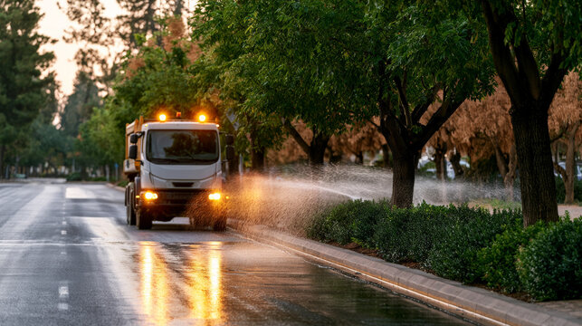 Street sweeper truck spraying water along tree lined avenue