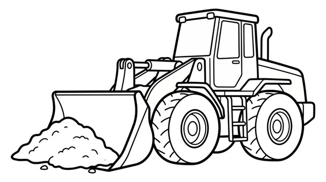 Front end loader construction vehicle moving pile of sand at building site area.