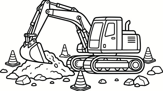 Excavator machine digging dirt pile construction site industrial vehicle.