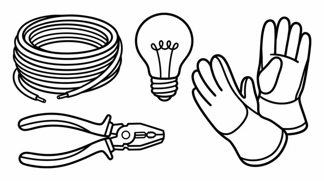 Electrical tools wire coil light bulb safety gloves pliers electrical equipment.