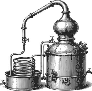 Antique alembic still for distillation in a detailed engraving style with clear copy space for text