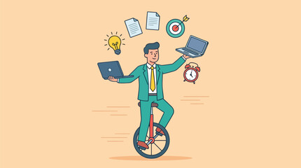 Multitasking businessman riding a unicycle while juggling two laptops, a lightbulb, files, target, and an alarm clock flat vector illustration  © MS Studio1